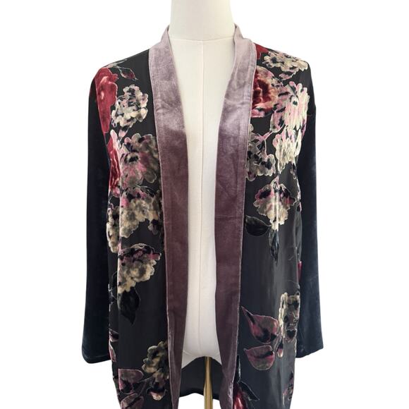Mystree Large Floral Velvet Dark Gray Blue Kimono Ruana Wrap Open Cardigan - Picture 4 of 8